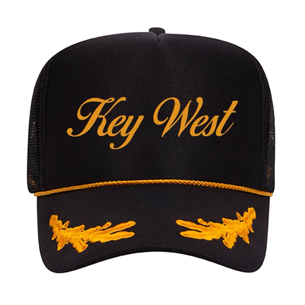 Key West Print Black & Gold Embroidered Captains Mesh Trucker Hat